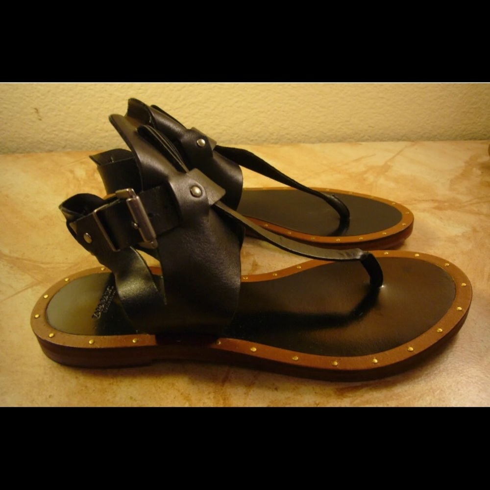 Zara Basic black leather gladiator sandals flats 7